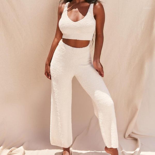 

new fashion women autumn backless crop vest pants fleece warm plush two piece outfit matching set1, Gray