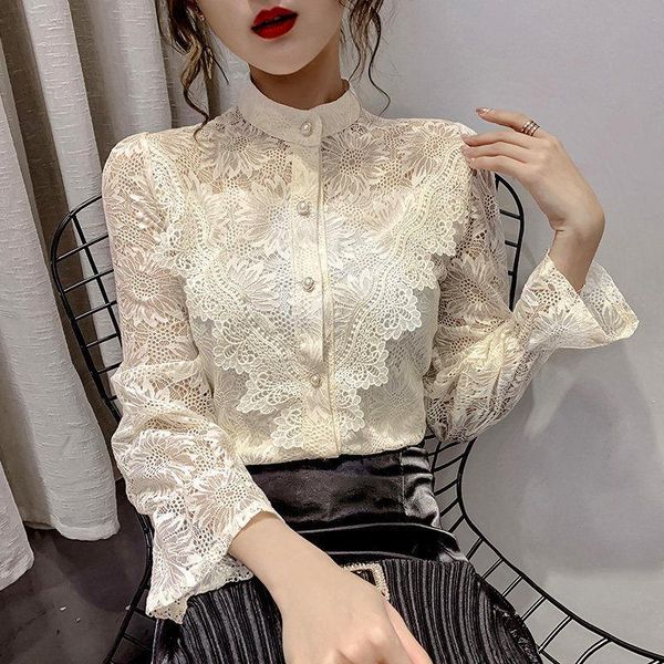 

women's blouses & shirts lady lace long-sleeved shirt 2021 autumn fashion hollow single breasted elegant casual blouse p024, White