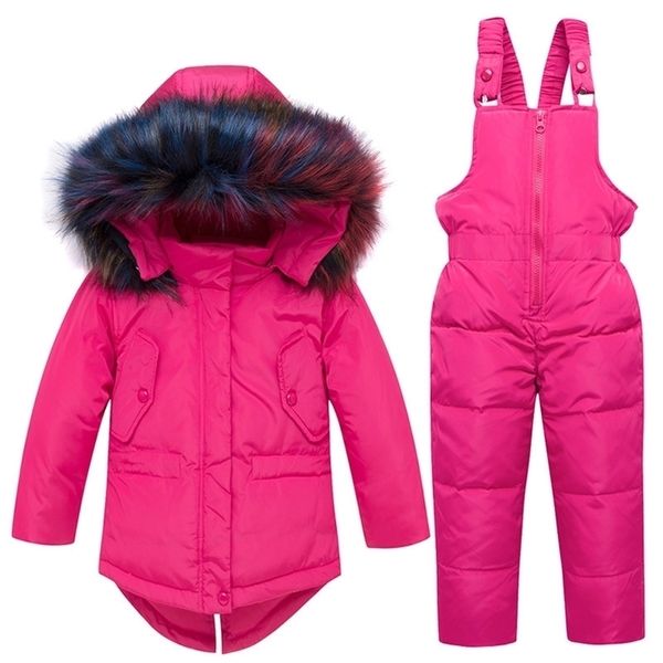 Winter Kinder Schneeanzug Jacken Hoodies Ente Unten Ski Anzug Für Mädchen Schnee Anzug Outfits Schnee Tragen Overall Sets Mantel Schneeanzug LJ201017