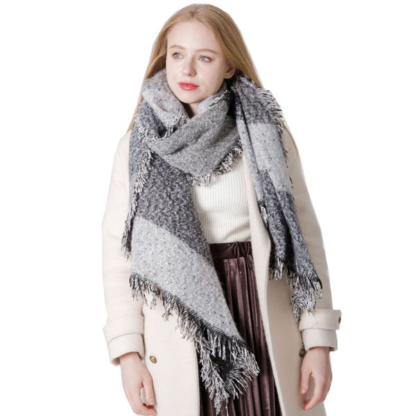 

fashion scarf tonglu factory direct sales autumn and winter circle yarn thickened contrast color burr plaid bevel scarf women shawl wholesal, Blue;gray