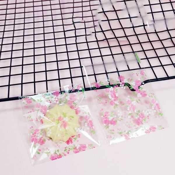 

gift wrap 100pcs/lot cookies bag transparent rose green leaf homemade snack candy packaging birthday party nougat wrapper