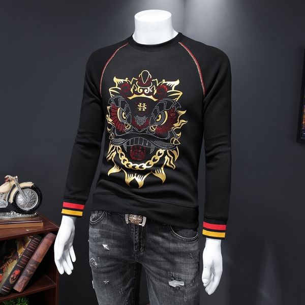 

new style for autumn and winter fashion embroidered cotton mens round neck sweater long-sleeved pullover w p, Black