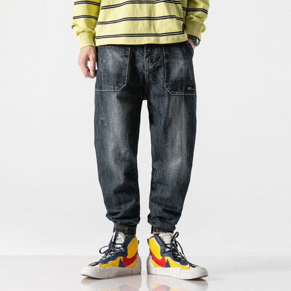 

fashion streetwear men jeans loose harem jeans men big pocket denim cargo pants hip hop jogger homme size 28-42, Blue