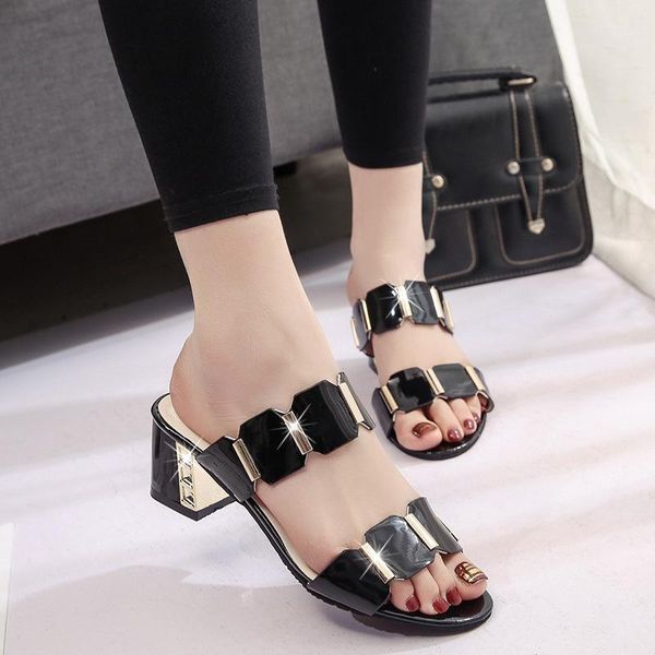 

large size sandals summer 2021 new mid heel open toe sandals women round head slippers heels pumps lady sandalias mujer1, Black