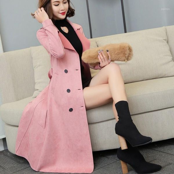 

women's trench coats european double breasted deerskin long womens windbreaker fashion slim winter women outerwear design belted coat 3, Tan;black