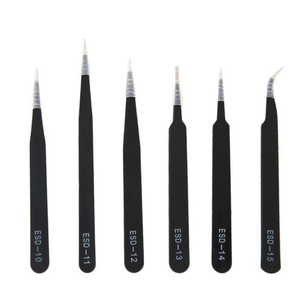 

6pcs/set portable resists corrosion anti-static tweezers for repairing electronic maintenance tools black portable size