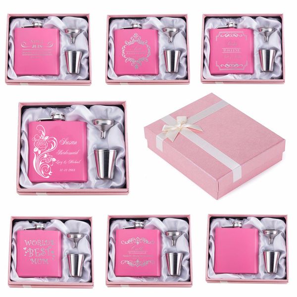 

bridesmaid gift engraved stainless steel pink hip flask and set , wedding favor,any text engraved 1027