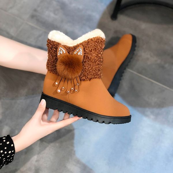 

snow boots women winter comfortable warm lining round toe black yellow cute cat ear fur ball crystal durable sole trendy boots