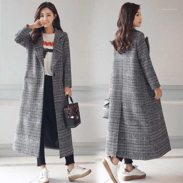 

women's wool & blends winter long plaid double-sided coat women's fashion casual long-sleeved suit collar pike after split robes f, Black