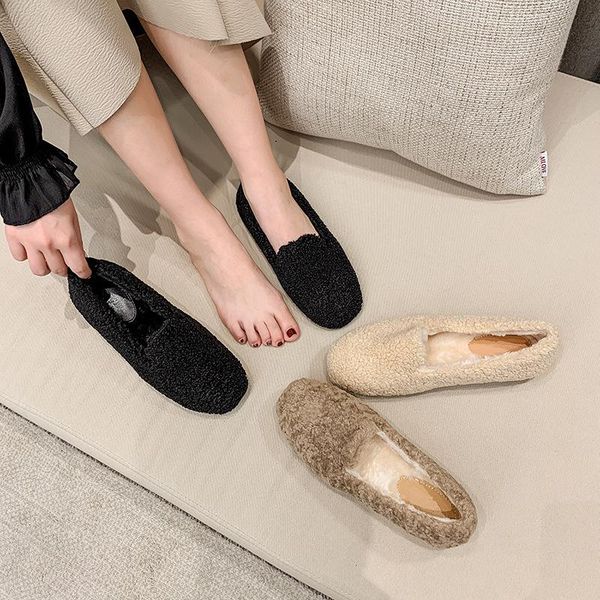 

comfy lambswool flats brief plush slip on loafers winter round toe furry moccasins netcelebrities shallow ballerina ballet shoes, Black