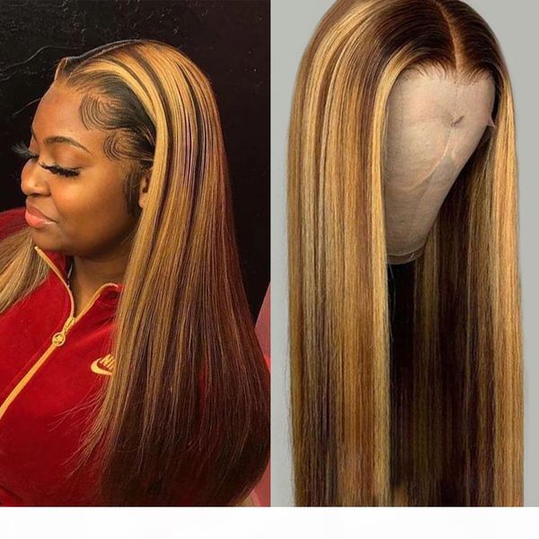 

13*4 long stragiht ombre invisible highlights color lace front human hair wigs for women brazilian remy hair wig bleached knots, Black;brown