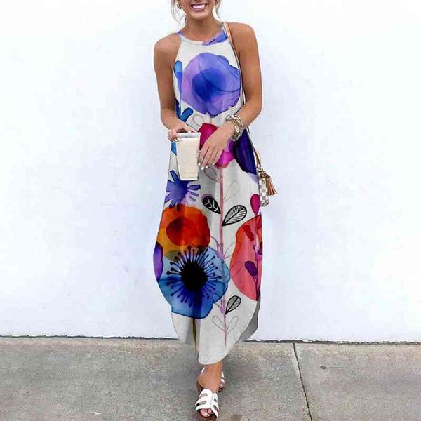 

sojinm maxi dresses for women floral printed sleeveless women causal summer beach dress sling long dresses streetwear 4xl y220214, Black;gray