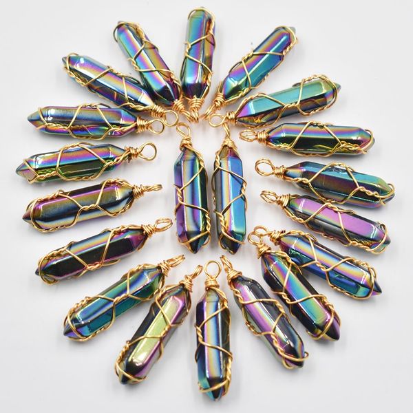 

gold wire colorful stone charms hexagonal healing reiki point pendants for jewelry making, Bronze;silver