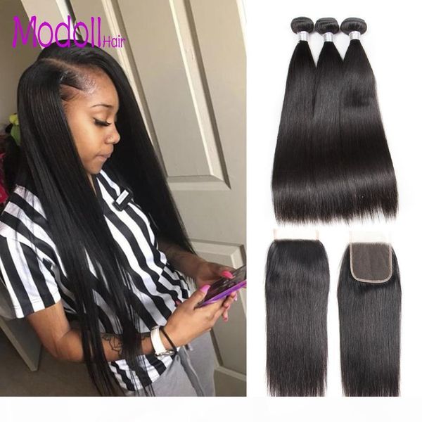 

straight human hair bundles with closure brazilian virgin hair weave bundles with closure dhgate modoll human hair bundles with closure, Black;brown