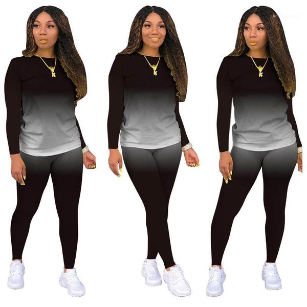 

imcute two piece set women fashion gradient print bodycon tracksuit long sleeve + biker joggers pants outfits matching set1, Gray