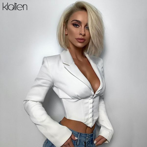 

klalien low cut bust single breasted v neck navel bare long sleeve shirts office lady white elegant cropped new 201126