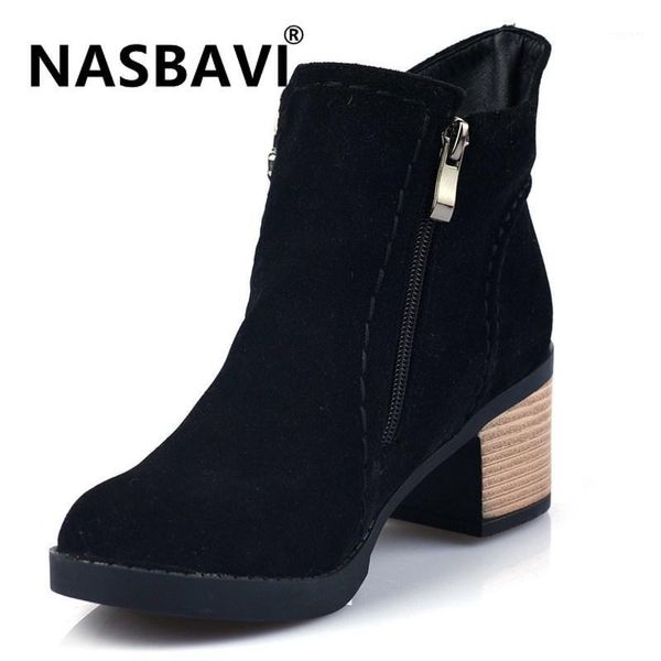 

nasbavi new women boots heel ankle boots side zipper high heels zipper decoration solid color shoes 2020 big sizes 34-431, Black