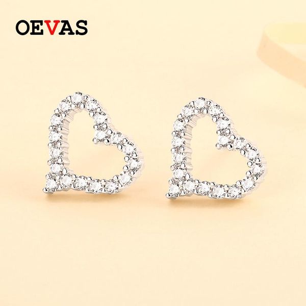 

stud oevas real 925 sterling silver heart zircon earrings for women sparking full wedding engagement party jewelry gifts, Golden;silver