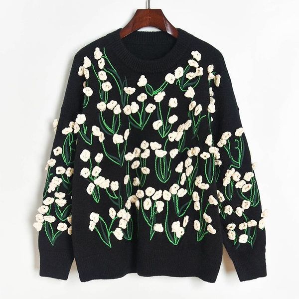 

women's sweaters oversized thick winter sweater women 2021 hand crochet 3d floral for pullovers jumpers black, White;black