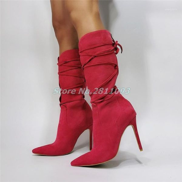 

red suede lace up knee high boots pointed toe back zipper winter autumn boots stiletto high heel custom made women shoes1, Black