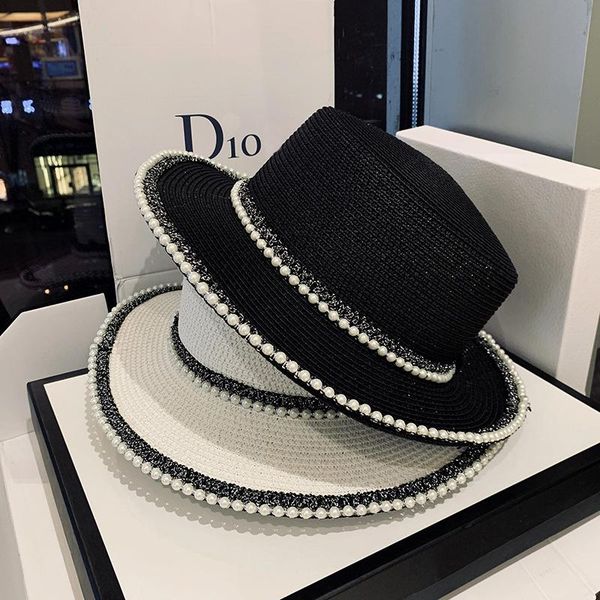 

new summer ladies spring hats flower beads wide brim jazz panama straw sun visor beach hat flower rivet pearl straw hat cap, Blue;gray