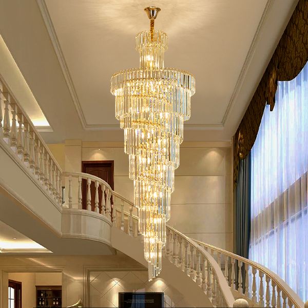 

duplex villa spiral stair chandelier long crystal chandelier lighting modern living room luxury large gold crystal light fixture