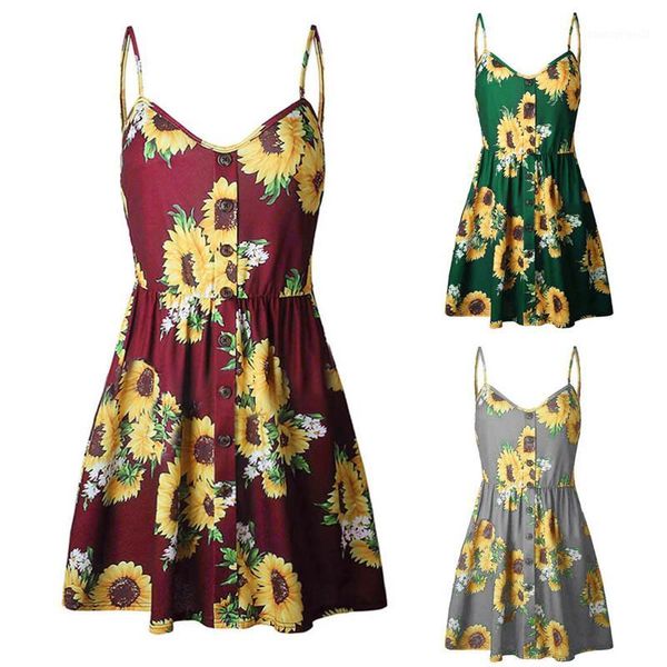 

casual dresses dress bohemian holiday women sling sleeveless v-neck summer sunflower print button beachwear ropa mujer 2021 1, Black;gray