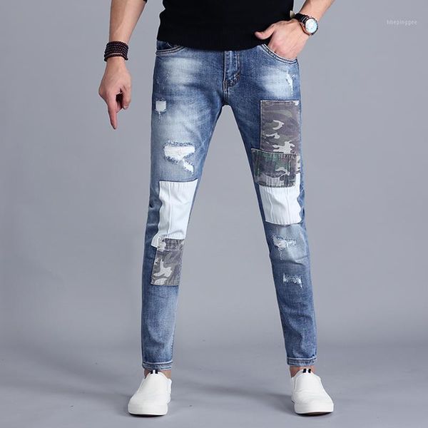 

men's jeans summer ripped patch men streetwear blue thin jean patchwork stretch denim pants 2021 fashion slim fit distressed trousers1