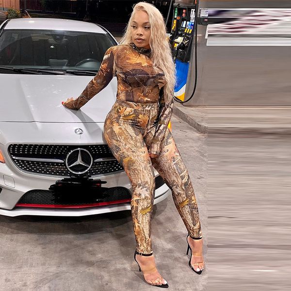

see-through bodysuit and leggings two piece sets for women clothing sporty long sleeve 2020 fashion streetwear club outfits c0123, Gray