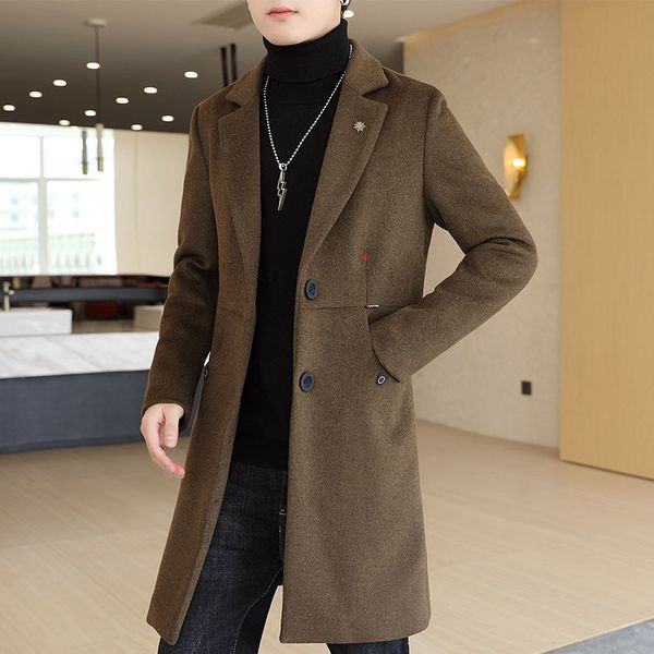 

obcy men's casual medium length woollen windbreaker autumn winter coat, Tan;black