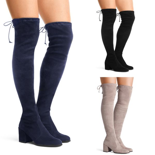

tight high women boots new fashion faux suede strench lace up women mid block heel over the knee boots winter high 2020, Black