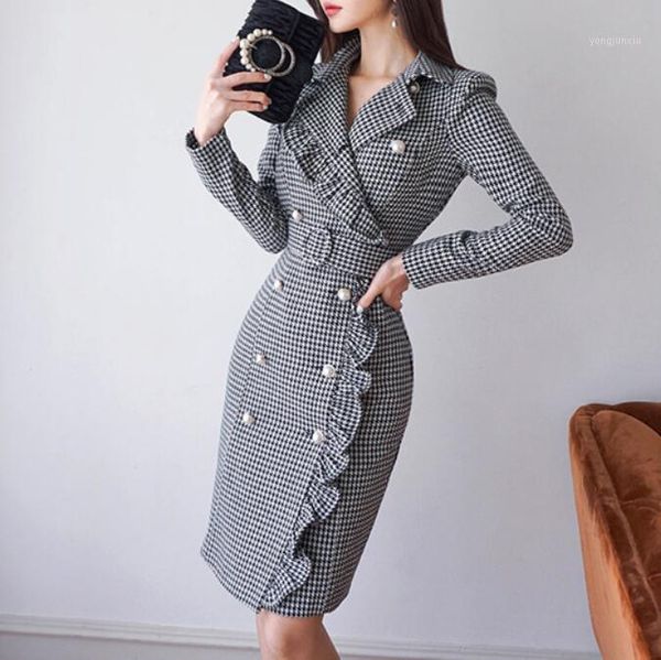 

vintage double breasted plaid long blazer dress ladies office wear suit jacket slim bodycon houndstooth midi dresses female 20201, White;black
