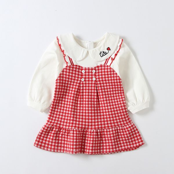 

2021 new baby girls clothes peter pan collar lantern sleeve plaid autumn children princess mermaid es 0-3y 1ht5, Red;yellow