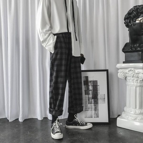 

plaid harem pants 2020 new hong kong style men casual mid waist pant loose drawstring harajuku trousers hip hop sweatpants t021, Black