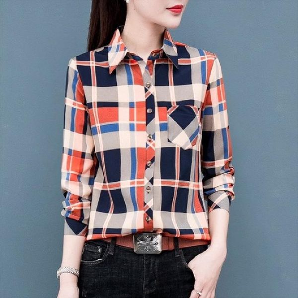 

autumn spring plaid shirts women long sleeve turn down collar button slim shirt casual female office female clothes, White