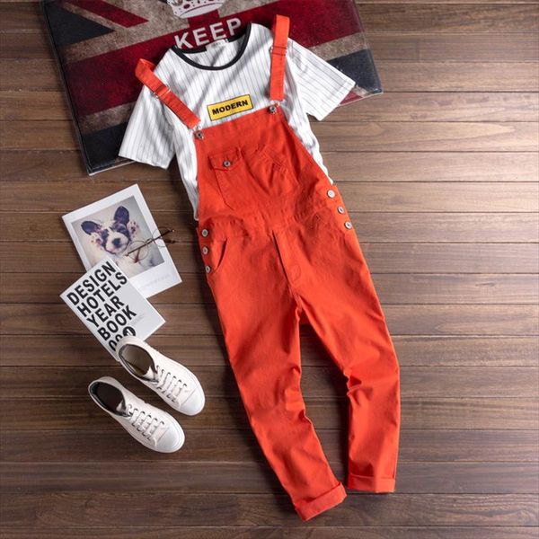 

fashion mens bib overalls pencil pant orange solid color casual korean style man black jumpsuits rompers ankle length