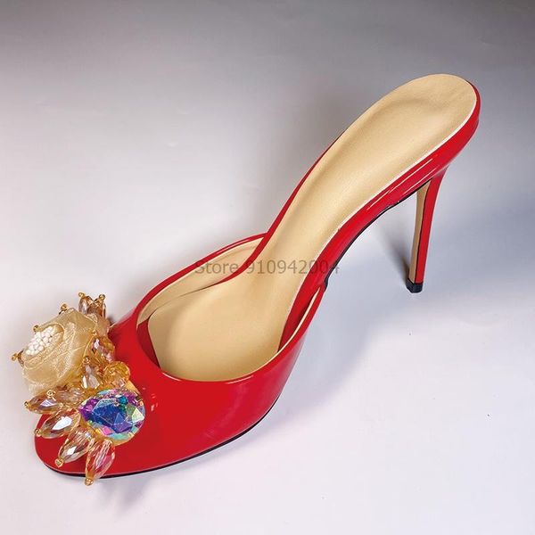 

bling flower sandals women peep toe slip on high heels black gold patent leather rhinestone party sandalias mujer