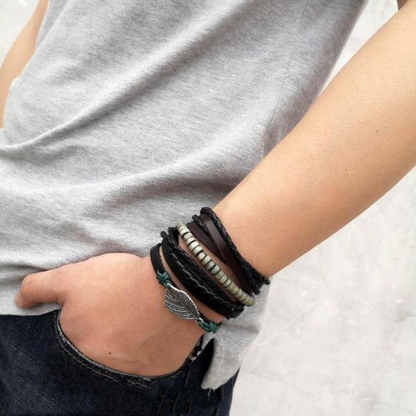 

3pcs/set multiple layers leather bracelet set for men women charm leaf feather stone wood beads wrap bracelets pulseras1, Golden;silver