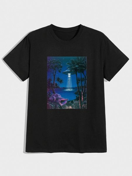 

men spaceship & palm tree print tee f0ux#, White;black