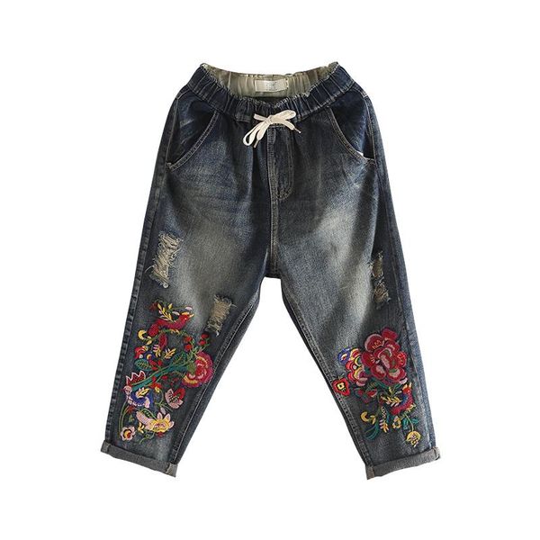 

vintage embroidered jeans woman 2020 new summer ripped jeans for women harem jean femme casual denim pants vaqueros mujer, Blue