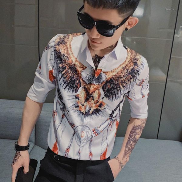 

2020 summer 3d eagle print men shirt short sleeve casual slim fit streetwear social dress shirts nightclub blusa chemise homme1, White;black