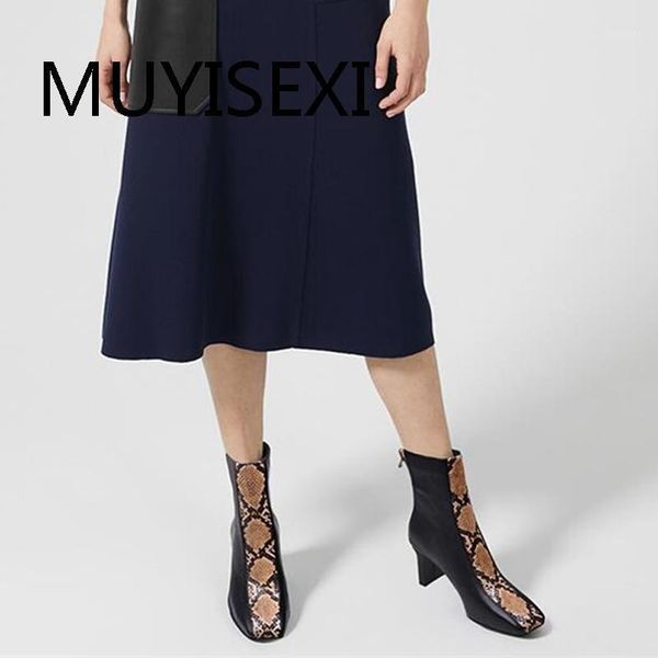 

snake texture design genuine leather lady 6.5cm high heel zip mixed colors square toe fashion office dating boots hl316 muyisexi1, Black