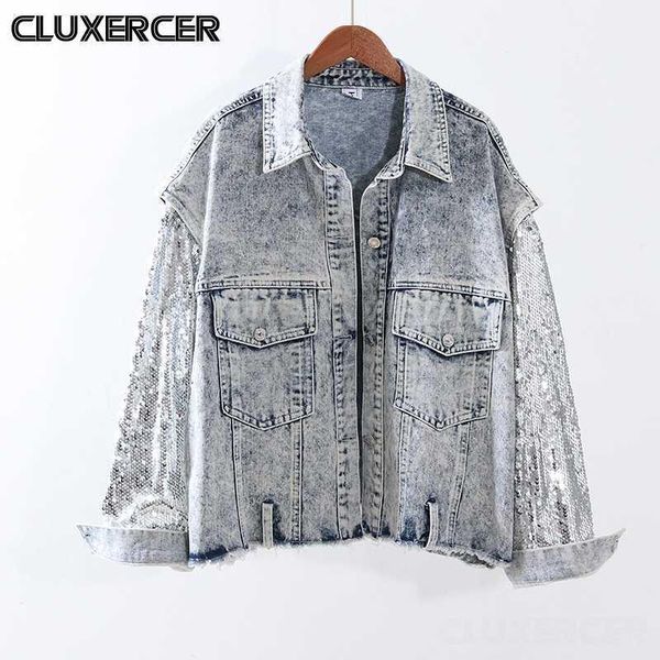 

women's jackets autumn denim jacket women fashion stitching sequins long sleeve jean female vintage loose coat1, Black;brown