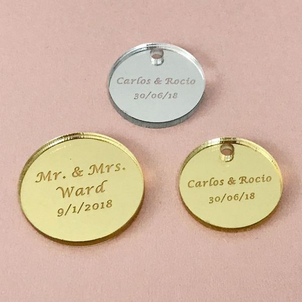 

50pcs personalized round tag baby baptism hangs round wedding gift tags candy box gift tag mirror gold silver 1027