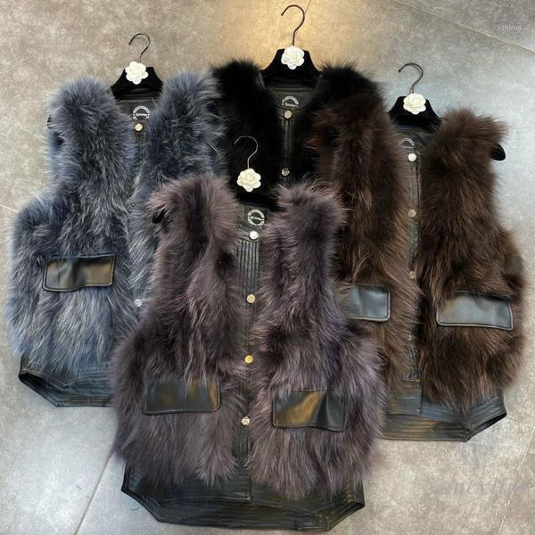 

2020 autumn and winter round neck sleeveless stitching pu pocket women's real fur vest coat lady chic, Black;white