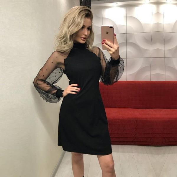 

elegant women dress 2018 autumn applique contrast mesh sleeve form fitting solid dress long sleeve a line mini party dress 5, Black;gray