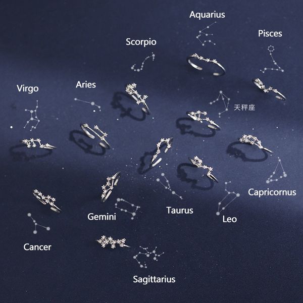

delicate crystal zircon zodiac sign ring virgo scorpio leo 12 constellation finger rings for women fashion party jewelry gift, Golden;silver