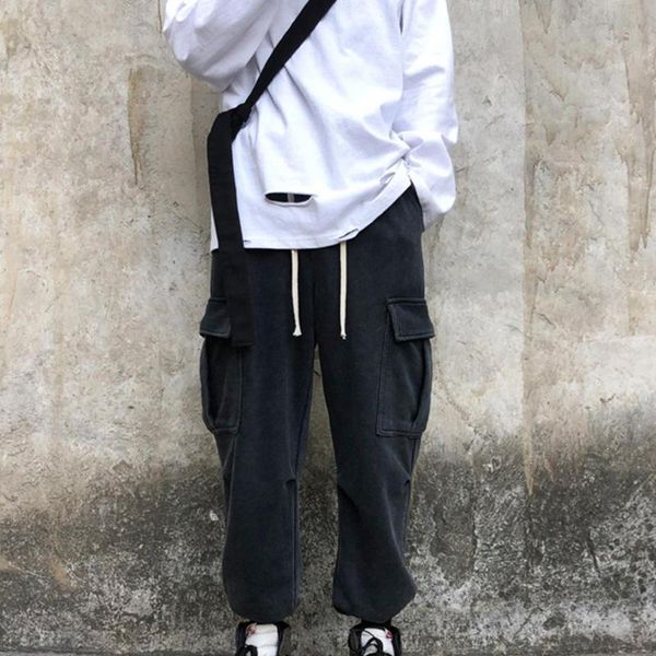 

men solid color sweatpants drawstring pockets ankle tied long pants trousers, Black