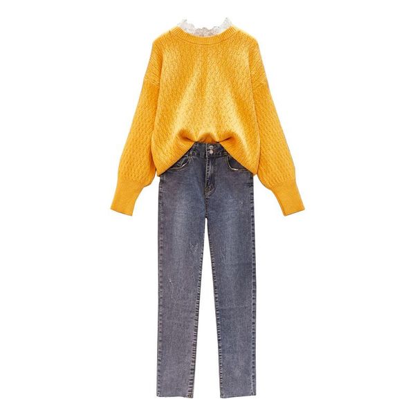 

women's tracksuits western style fashion sweater jeans pants suit two-piece outfit loose pullover denim trousers student leisure set, Gray