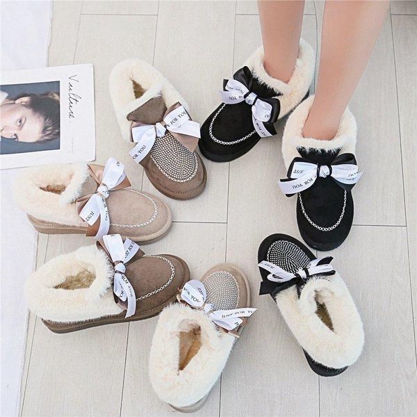 

warm plush ankle boots for women shoes woman winter boots flat soft sole round toe bow knot snow botas mujer plus size, Black